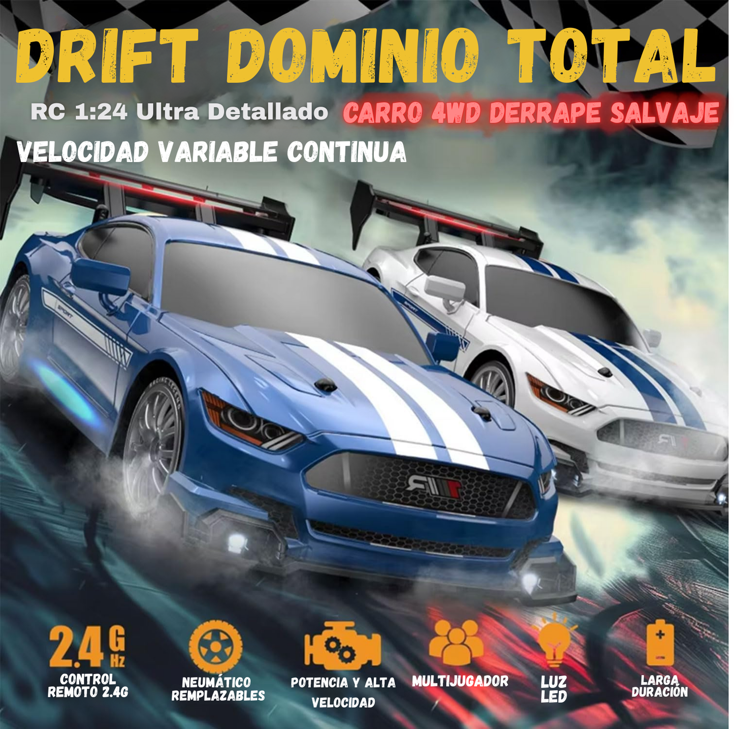 Carro RC Drift 1:24 4x4, alta velocidad con 2.4 GHz, luces LED y diseño azul deportivo. Modelo 8602-Blue.